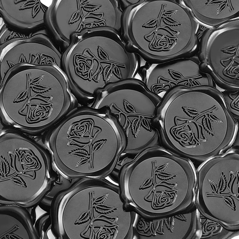 Pilloze 50 Pcs Black Wax Seal Stickers - Rose Style, Self Adhesive Wax Seal for Wedding Invitation, Good Adhesion, Black Rose Envelope Seals Stickers Perfect for Wedding Invitation, Scrapbooking - Image 1